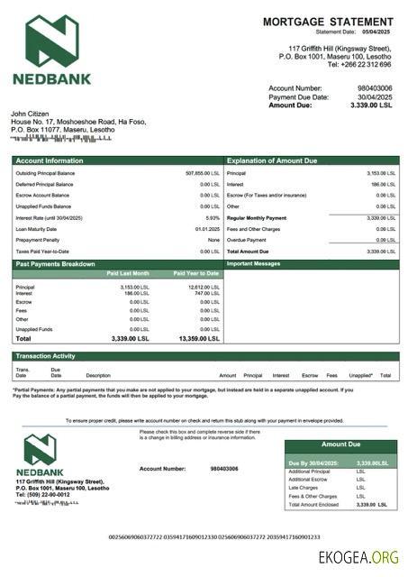 Lesotho Nedbank Lesotho relevé hypothécaire Modèle Word et PDF